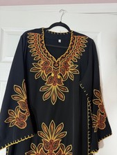 Handmade Black Kaftan Dress Women M Embroidered Yellow Red Floral Design