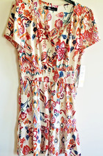 Dress  Abstract Fit & Flare Smocked Split Crew Neck Short Sleeve Slip Pockets PM