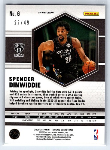Panini Mosaic Spencer Dinwiddie #6 Mosaic Purple Brooklyn Nets 2020 - Photo 2/2