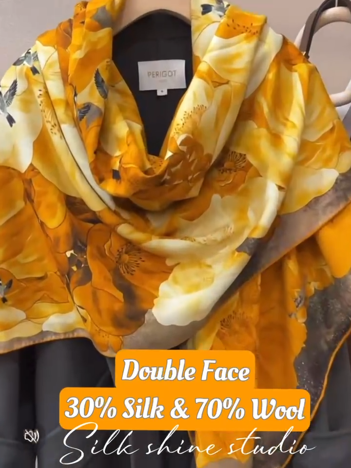 Elegant Double-Face Orange & Blue Floral Pattern Scarf Wrap-70