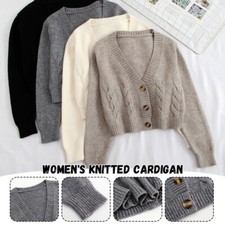 V-Neck Slim Cardigan Long Sleeve Twist Knitted Sweater Coats Jacket Short Women