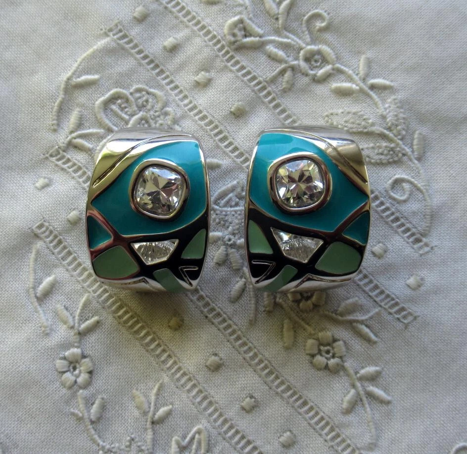 SILBERNE CREOLEN - OHRCLIPS - EMAILLIERT - TÜRKIS/GRÜN - WIE NEU - PIERRE LANG - Bild 2 von 4