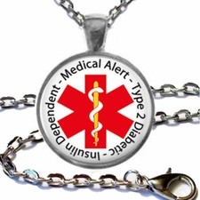 TYPE 2 DIABETIC ALERT TAG MEDIC pendant Sterling 925 Silver plated 22" necklace