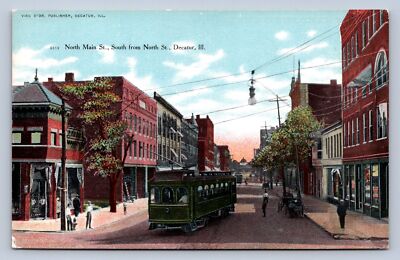 J91/ Decatur Illinois Postcard c1910 Main Street Trolley Stores  17