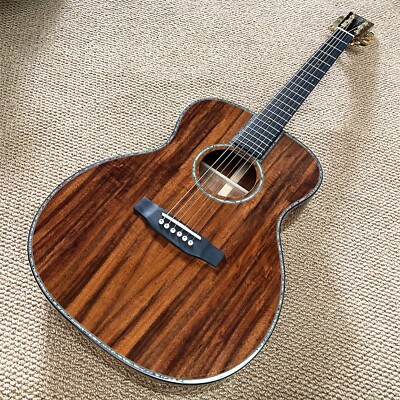 All Koa Wood 41 Inch OM Type Acoustic Guitar Abalone Inlays Ebony Fingerboard