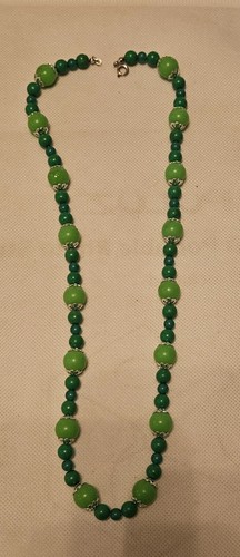 Vintage Green and Silver Filagree Bead Necklace 23 Inch Spring Ring Clasp - Picture 1 of 18