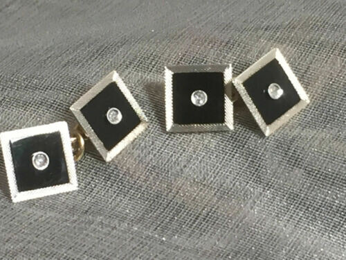 Antique Art Deco 18ct White & 9ct Yellow Gold Onyx & Diamond Cufflinks - Picture 2 of 3