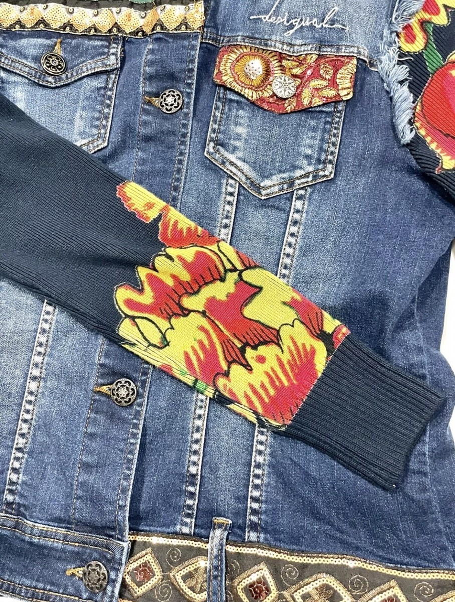 ジャケット・アウター desigual denim knit jacket dy Desigual Denim Jean Jacket Floral Knit Sequin Embroidered