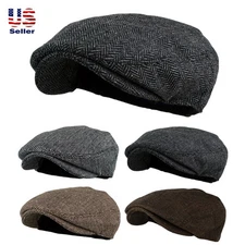 Men's Herringbone Wool Blend Tweed Newsboy Ivy Gatsby Cabbie Driving Golf Hat