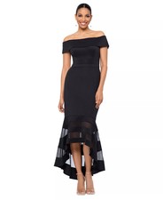 Xscape Hi-Low Gown Illusion Mesh Fit & Flare Off Shoulder Black Size 18 NWT $159