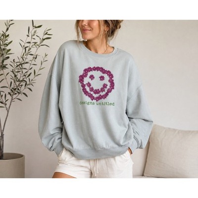 Designs Untitled Floral Smiley Crewneck Sweatshirt Blue Gray XXL Oversized