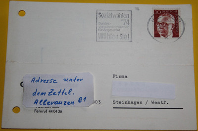 Postkarte DBP MI: 638 Brfördert von Hamburg/Steinhagen am 3.5.1974. (11.492)