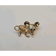Vintage Gerry?s 1" Mouse Brooch Lapel Pin Gold-Tone Green Eyes Rhinestones