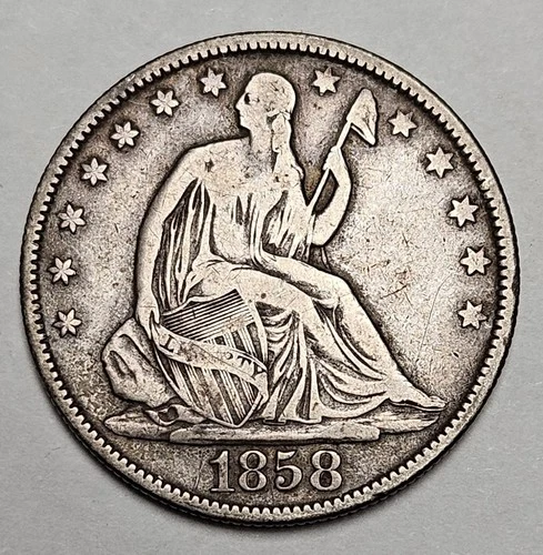1858 P Philadelphia Mint Seated Liberty Half 50c 90% Silver U.S Type Coin d444