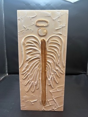Mud Pie Textured Tall White Angel Plaque on Wood Board Wall Decor