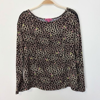 Betsey Johnson Womens Leopard Floral Print Mesh Shoulder Long Sleeve Top Medium
