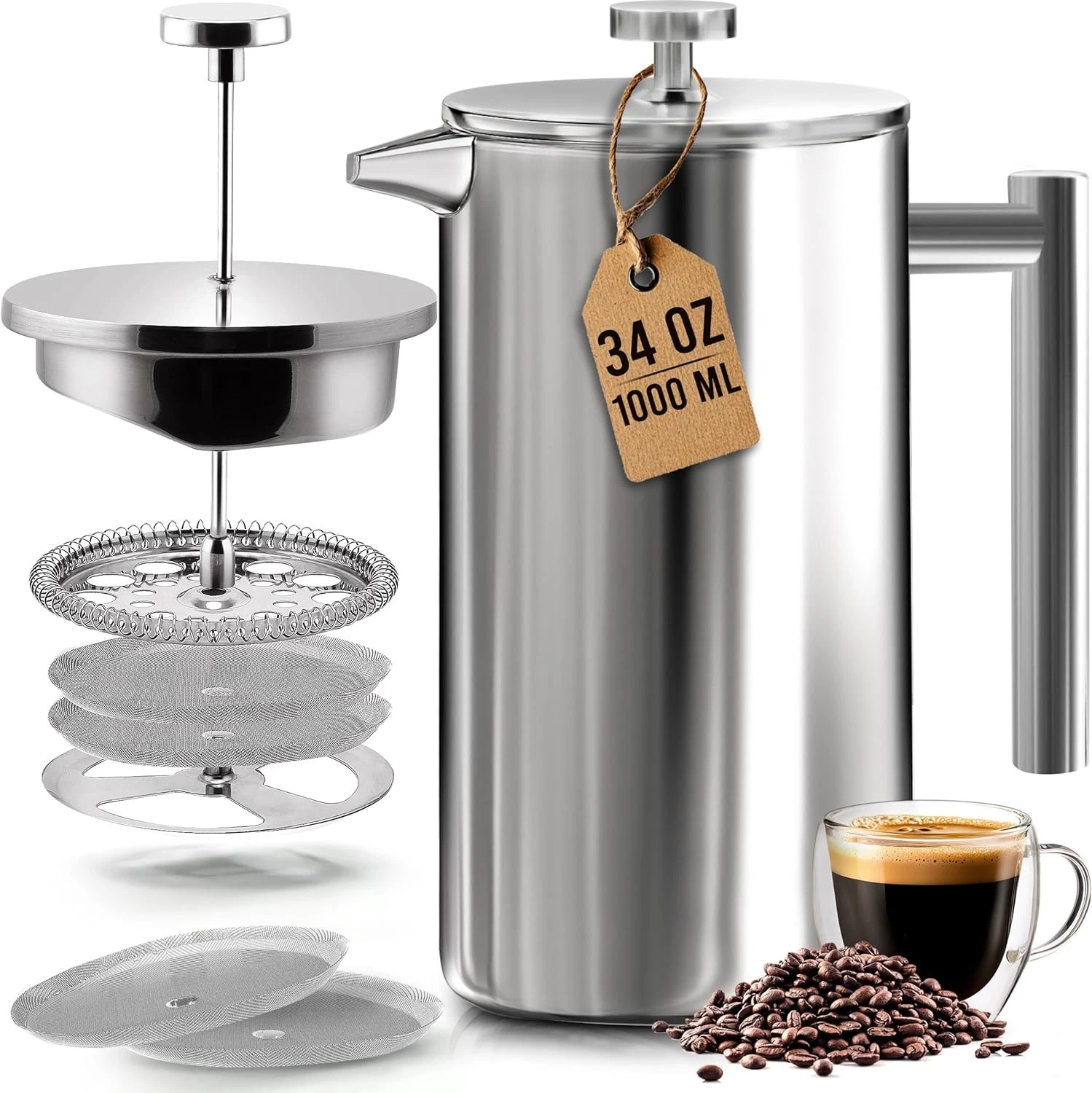 304 Grade Stainless Steel French Press Coffee Maker 34 Oz Double Wall Insulated