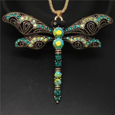 Hot Fashion Lady Green Enamel Retro Dragonfly Crystal Pendant Women Necklace