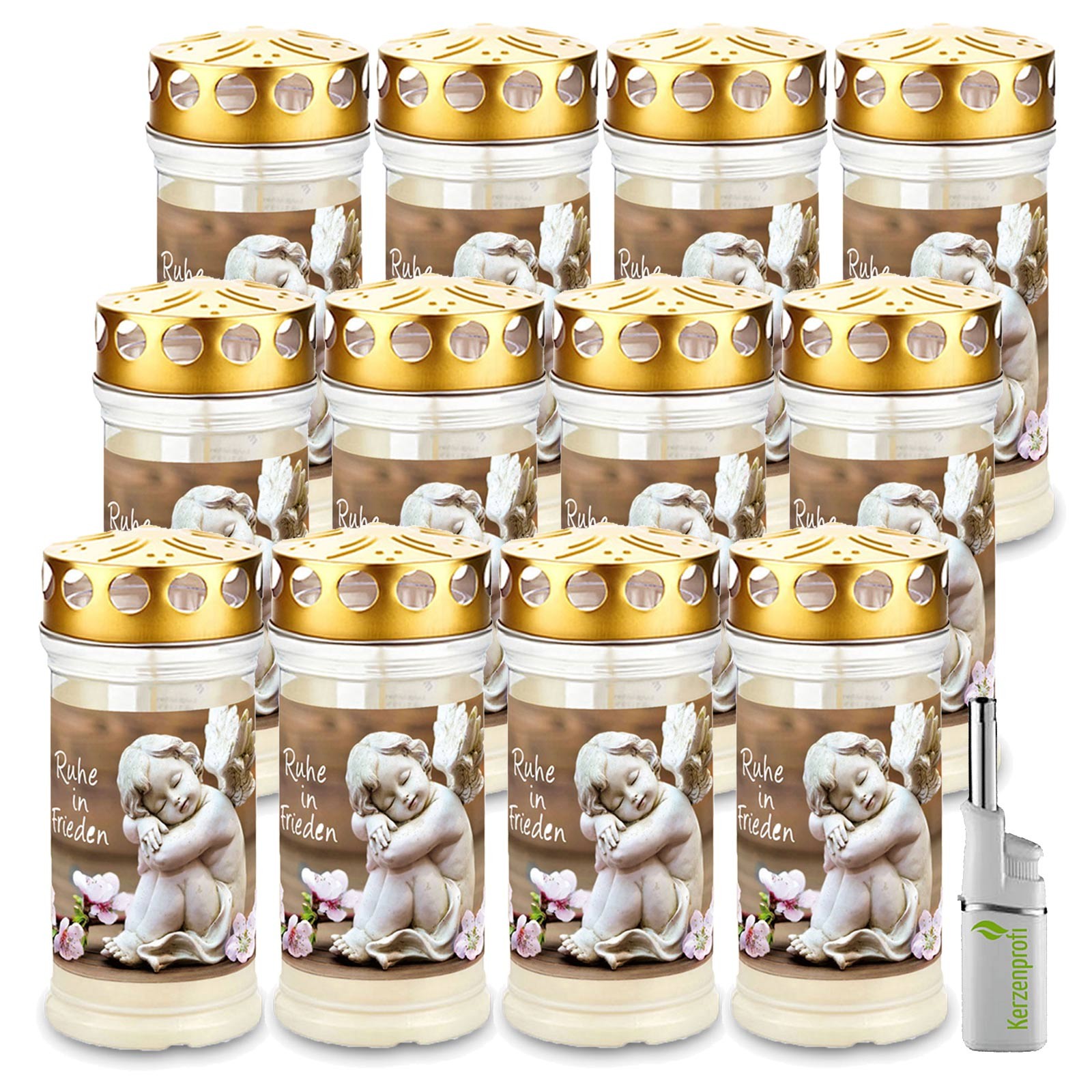 12 x Aeterna Grabkerze/Grablicht 4 Tage mit Deckel und Motiv + Stabfeuerzeug