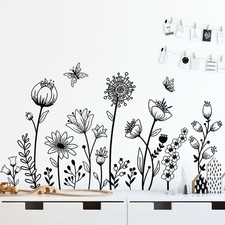 Black Flower Wall Decals Peel and Stick Simple Boho Flower Wall Sticker Wildf...
