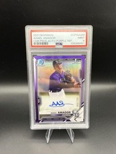 Adael Amador /250 AUTO 2021 Bowman Chrome 1st Purple Refractor Rockies PSA 9