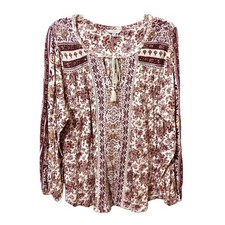 Lucky Brand Printed Boho Peasant Top with Beading Tassels - Size 1X