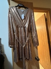 Rose Gold Sequin Belted Long Sleeve Dress Womens Size L New With Tags