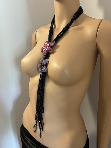 Black Glass Seeds Beads Lariat Purple Pink Beaded Flowers Fringe Necklace - Picture 12 of 13