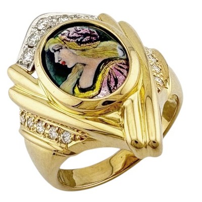 MITSUO KAJI Ring US 6 1/8 EU52 K18 Pt900 Diamant 0,23ct Emaille Cloisonné gebraucht