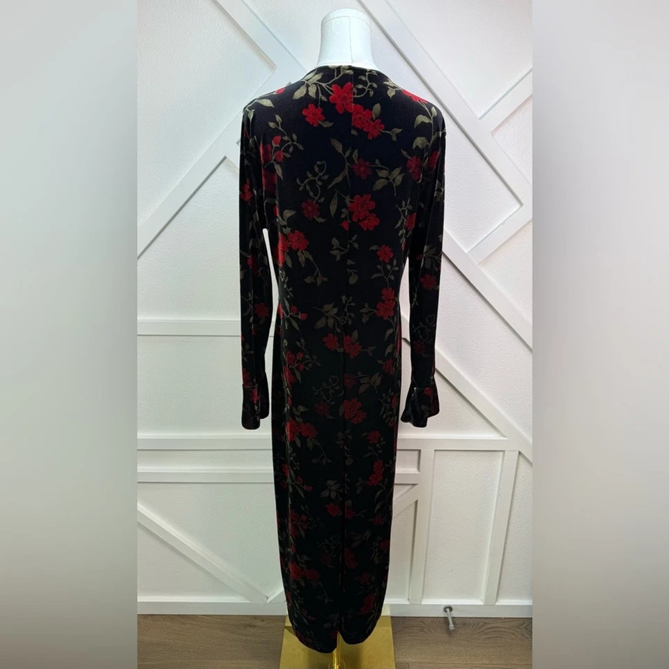Maxi Vestido Whimsigoth Y2K Kathie Lee Terciopelo Floral Negro Rojo Manga Larga Acampanada L Foto 4 de 4