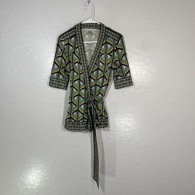 Diane Von Furstenberg Blouse Womens 4 Multicolor Geometric Silk Kimono Top