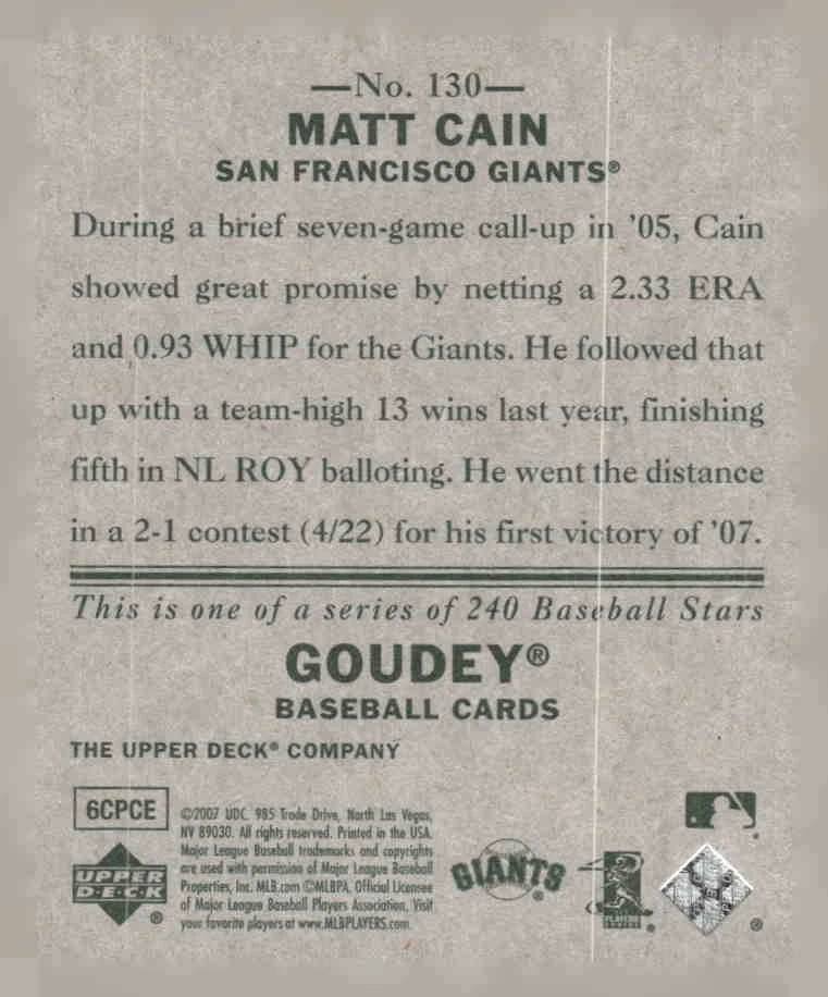 Upper Deck Goudey #130 2007 Matt Cain Foto 2 de 2