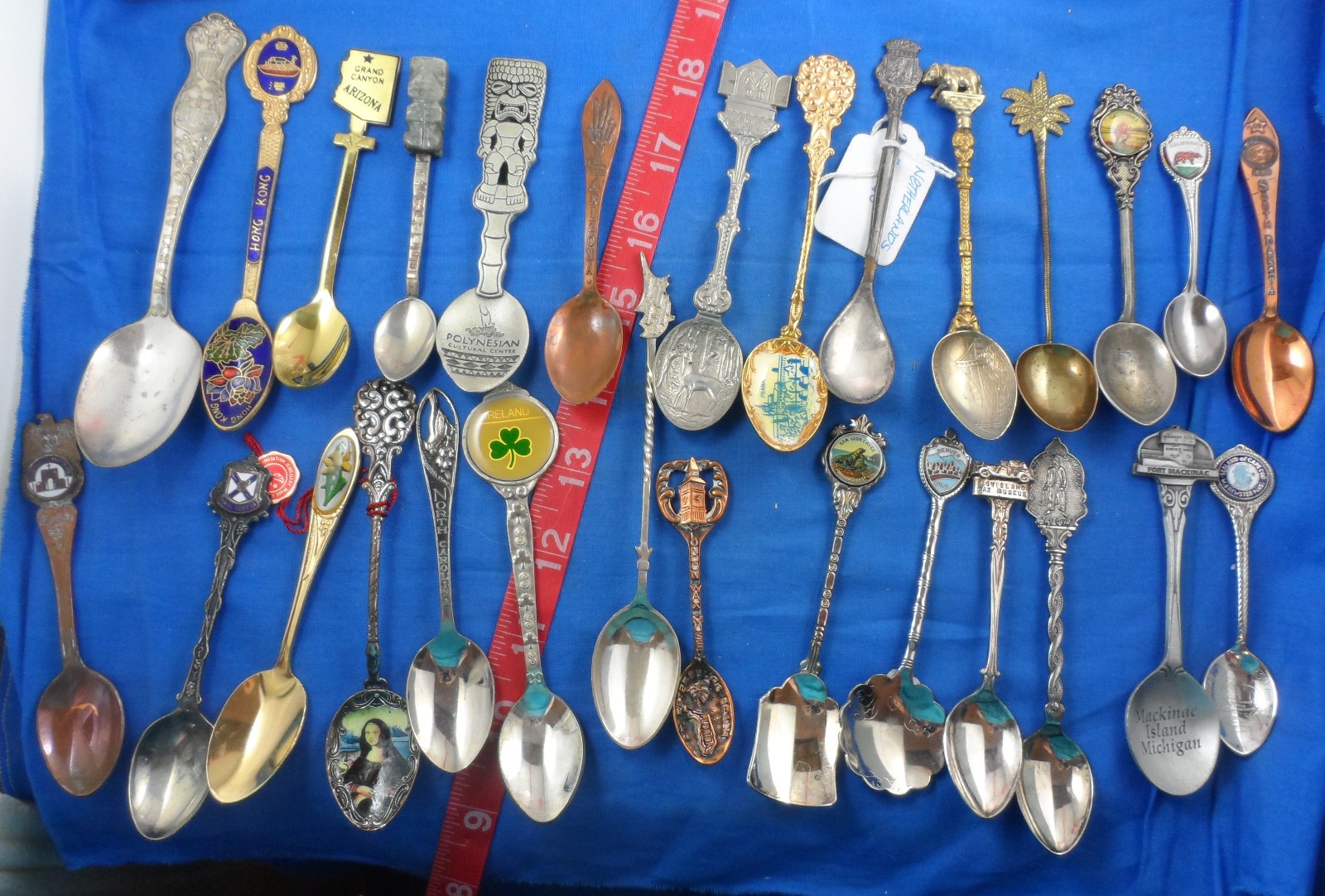 Fresh Souvenir Spoon Lot of 28 -Enamel Bowl, Silverplate, Pewter, Copper, Nice