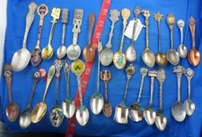 Fresh Souvenir Spoon Lot of 28 -Enamel Bowl, Silverplate, Pewter, Copper, Nice