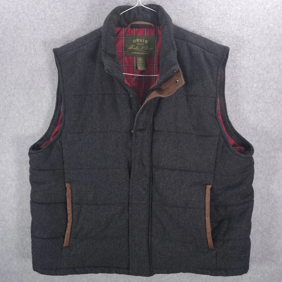 Orvis Signature Gray Wool Plaid Lined Insulated Hunting Outdoor Vest Mens XL - Image 2 of 4