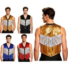 Mens Tops Sequin Waistcoat Costume Vest Fringed Tank Party Sleeveless Jacket
