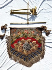 Stunning Antique Embroidered Glass Beadwork Fire Screen Panel & Ornate Clamp (1)