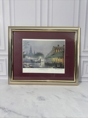 James Hussey Cafe du Monde Vieux Carré Print Framed New Orleans Signed 16x13 VTG