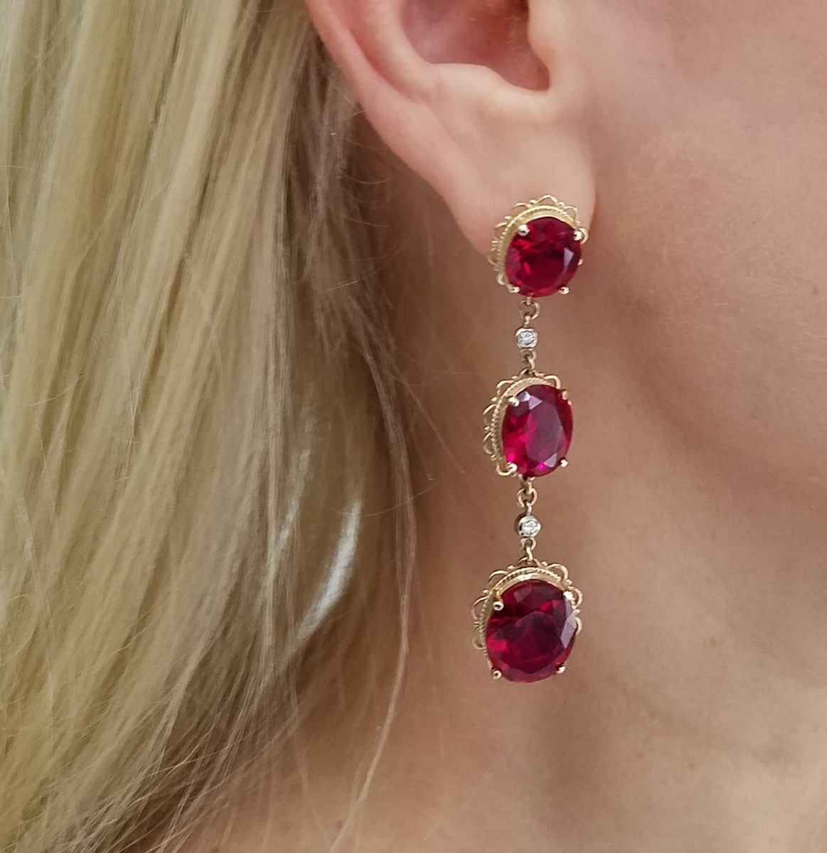 14K yellow gold large oval Rubies and round Diamonds dangle