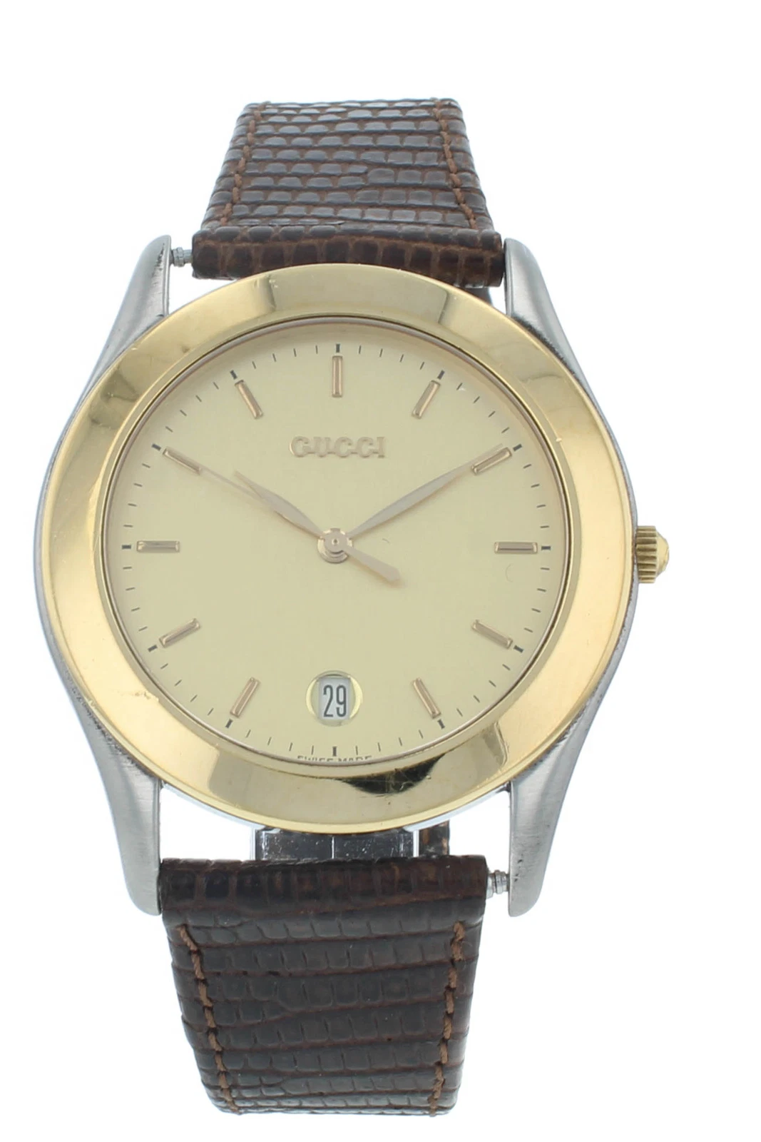 Montre homme d'occasion Gucci 230M 36 mm cadran doré quartz bracelet marron