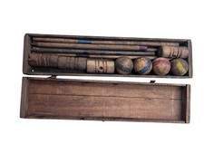 Wooden Croquet Set Antique in Box Stakes Balls and Mallets