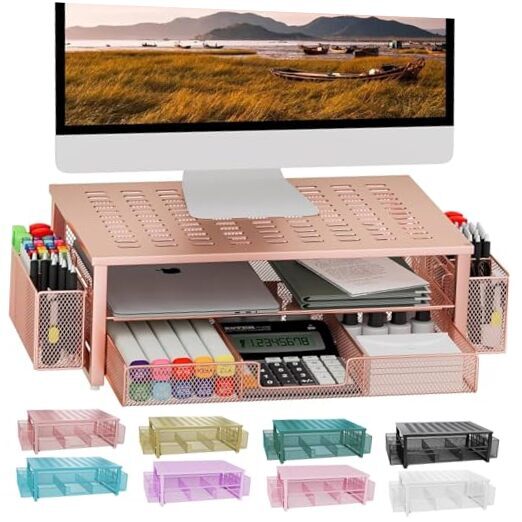 Desk Computer Monitor Stand Riser with Drawer and 2 Pen Holder, Desk