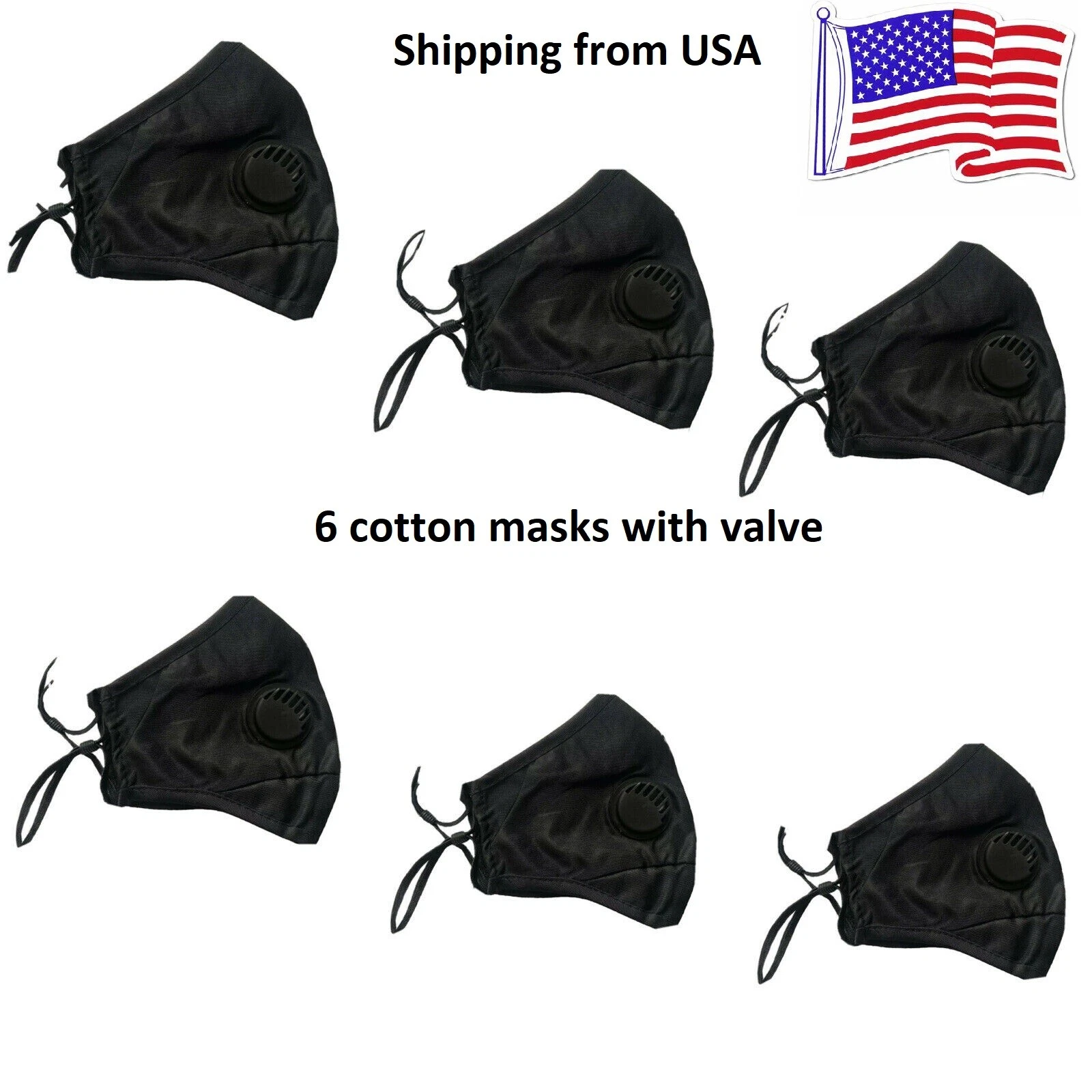 6 pcs lot Cotton Black Face Masks With Valve and pocket for pm2.5 filters