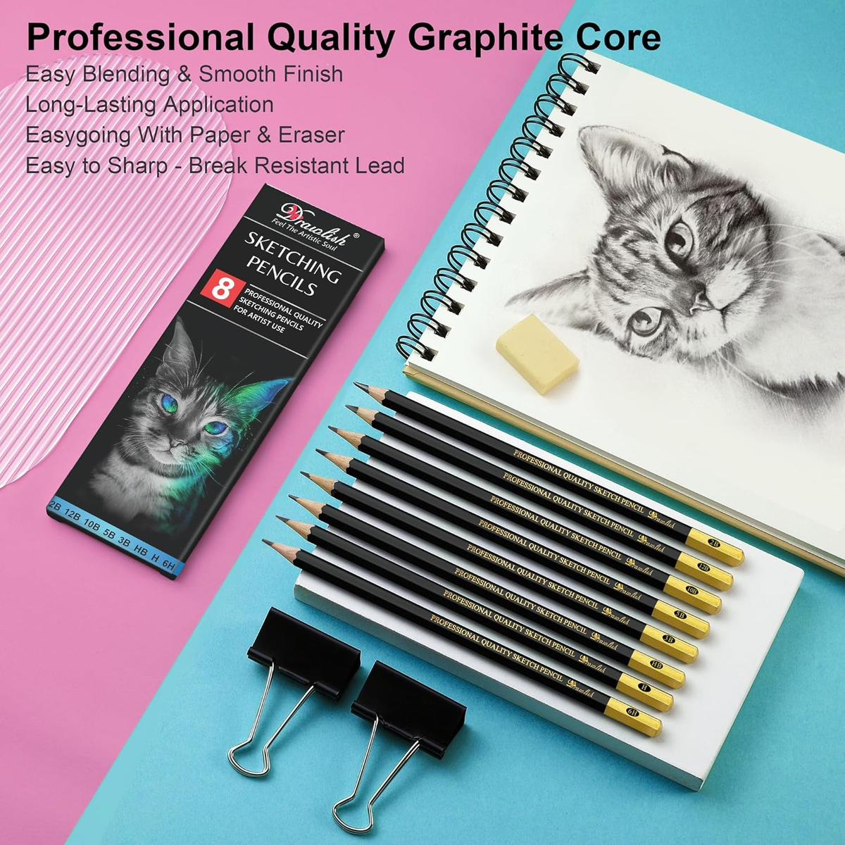 Sketching Pencils 12 Pcs Drawing Pencils 8B, 7B, 6B, 5B, 4B, 3B, 2B, B, HB,  F, H, 2H, With Graphite Lead Charcoal Starter, image size:1200x1200