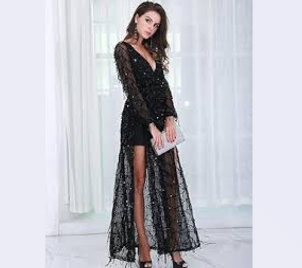 NWT Miss Ord Women's size M Black Sequin Drop Sheer Maxi Dress Fairy  Whimsigoth