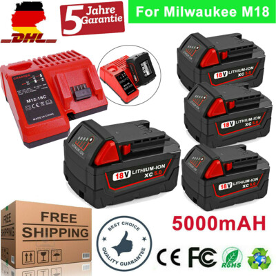18V Li-Ion Akku M18B5 M18B9 für Milwaukee XC 5,0 48-11-1860 M12-18C Ladegerät DE