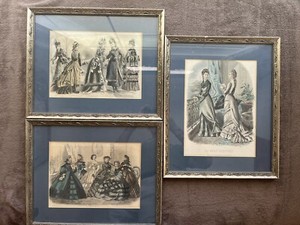 GORGEOUS SET OF 3 ANTIQUE FRENCH FRAMED HAND COLORED ENGRAVINGS