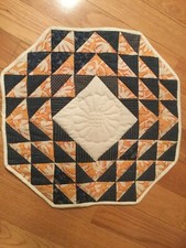 Quilted Table topper/wall decoration octagon, blue, orange white, 17 x 17, new