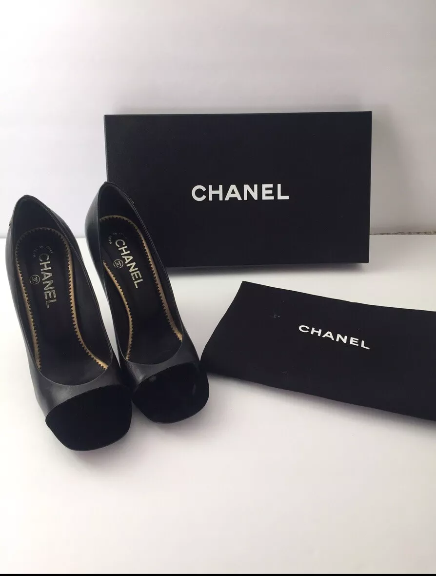 Chanel Shoes Black Leather With Velvet Cap Toe High Heel Pump Size