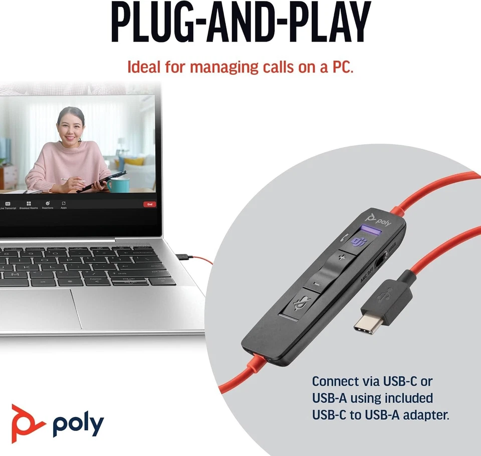 POLY Cuffie stereo Blackwire 8225 con dongle USB-C + adattatore USB-C/A - Immagine 4 di 4